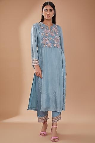 steel blue viscose silk sequins embroidered kurta set