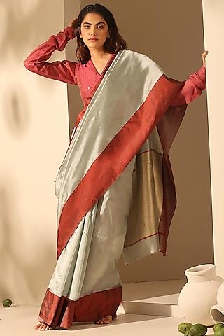 steel grey & maroon chanderi silk handloom saree set