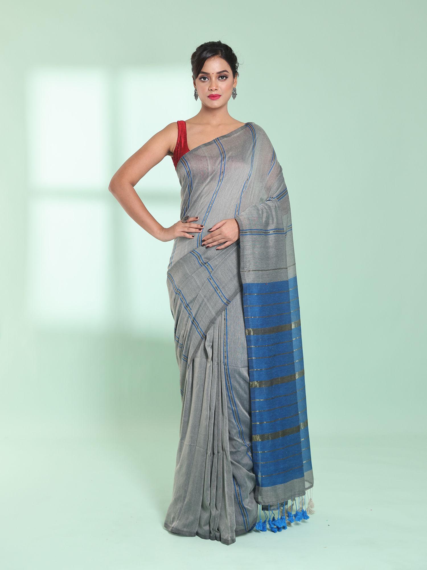 steel grey cotton saree with zari stripes with unstitched blouse