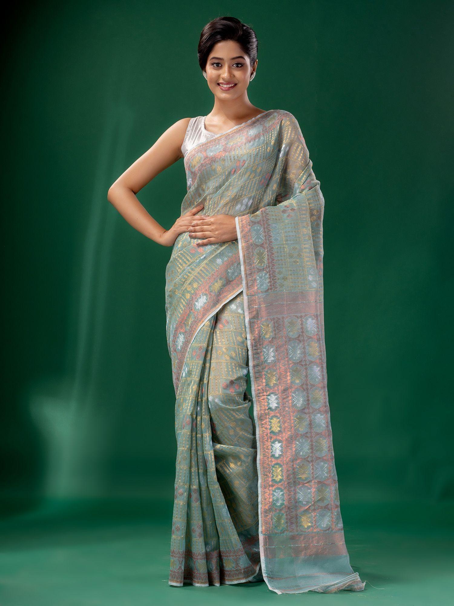 steel grey cotton silk handwoven soft jamdani saree without blouse