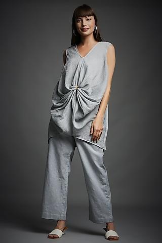 steel grey crinkled cotton draped tunic set