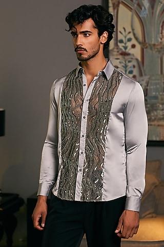 steel grey lycra satin embroidered shirt