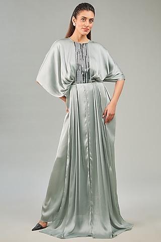 steel grey metallic polymer & crepe chiffon gown