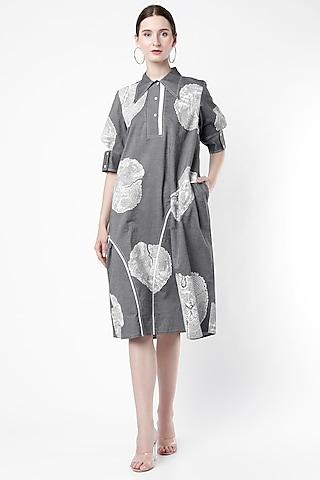 steel grey printed gathered dress