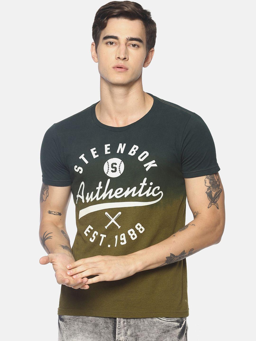 steenbok men green typography printed applique slim fit t-shirt