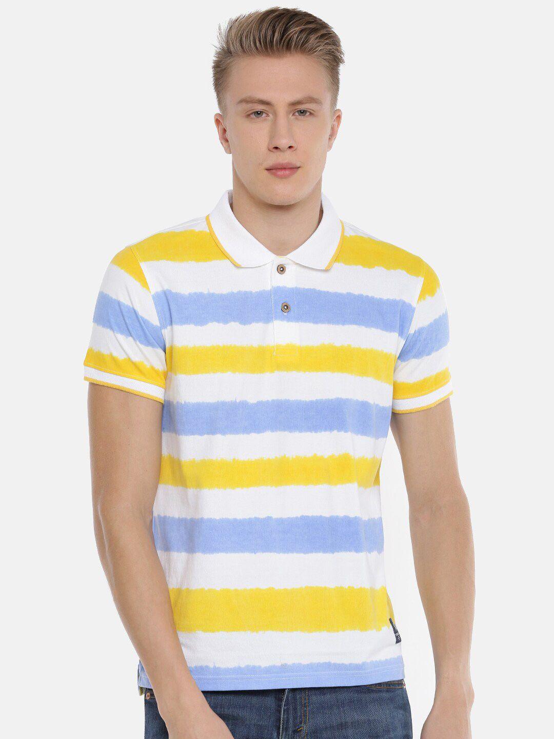 steenbok men yellow striped polo collar pockets slim fit t-shirt