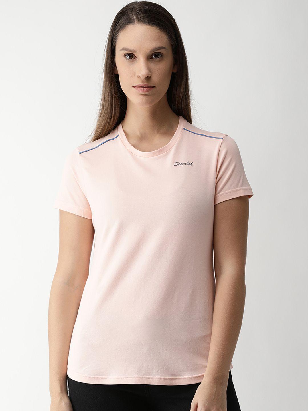 steenbok women pink solid round neck t-shirt