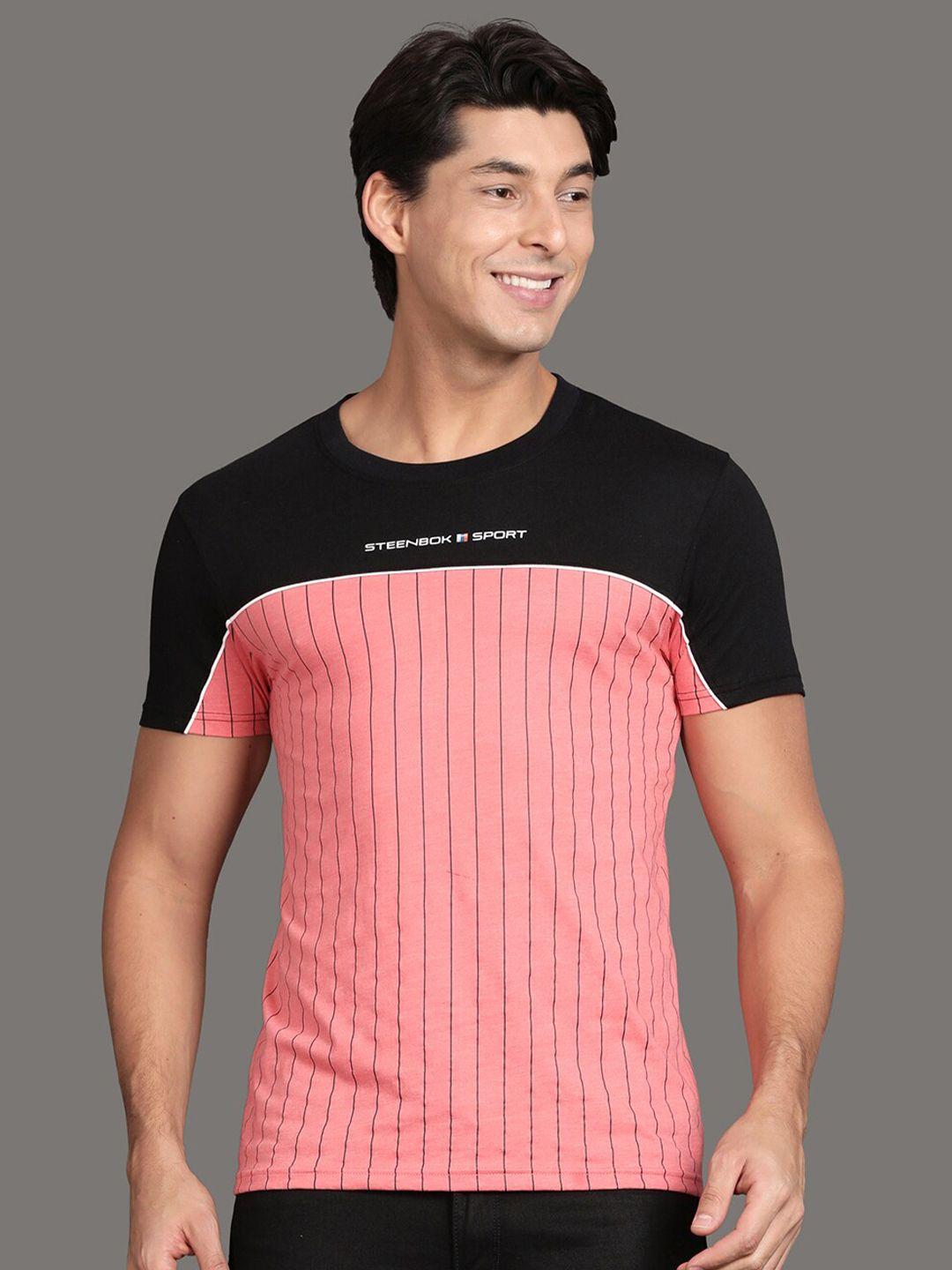 steenbok men black & coral striped cotton t-shirt