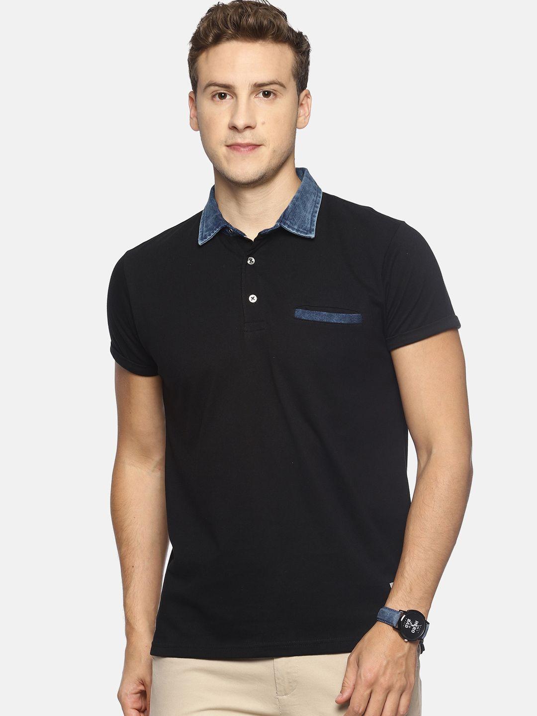 steenbok men black solid polo collar t-shirt