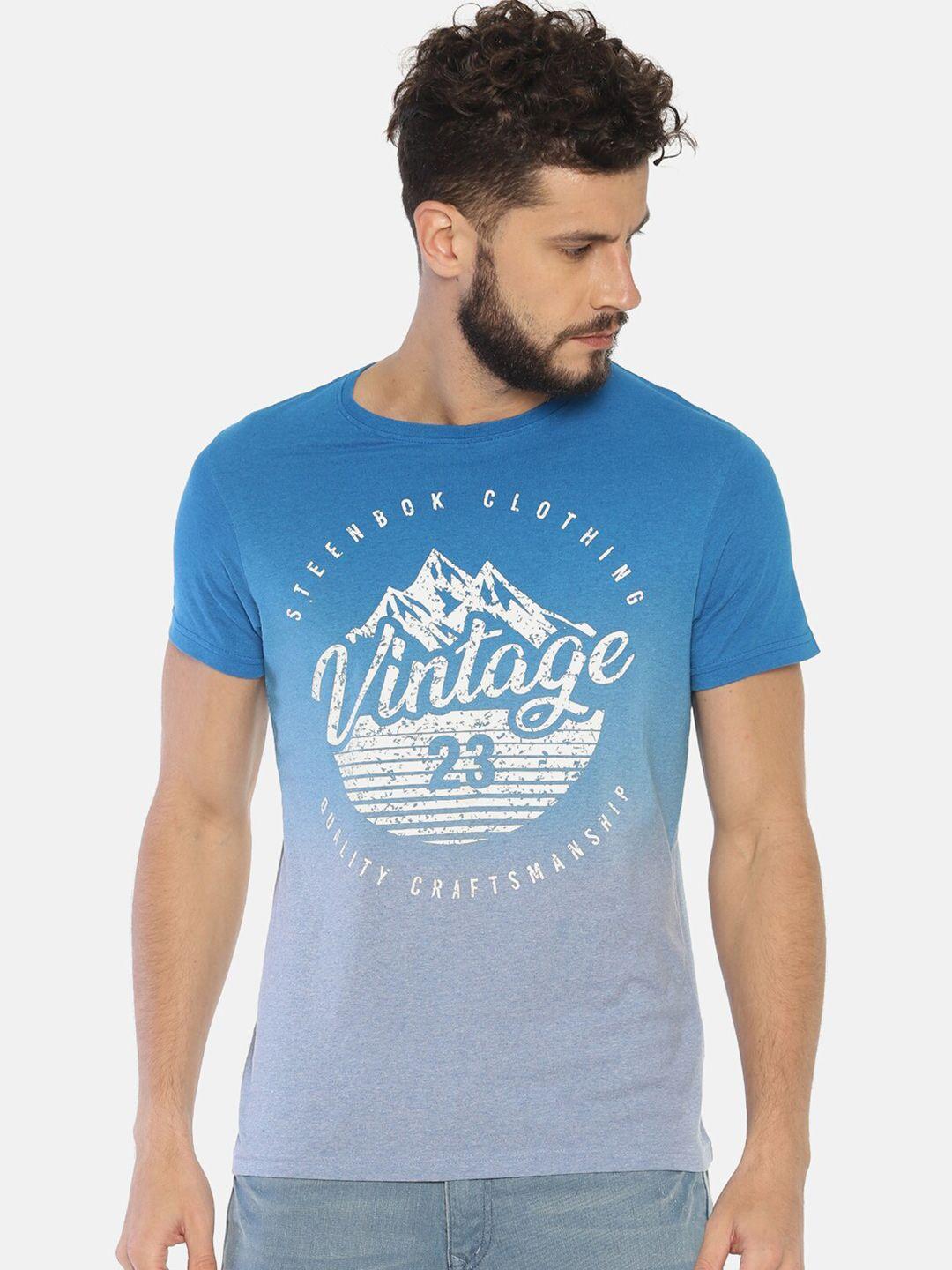 steenbok men blue & white typography printed slim fit t-shirt