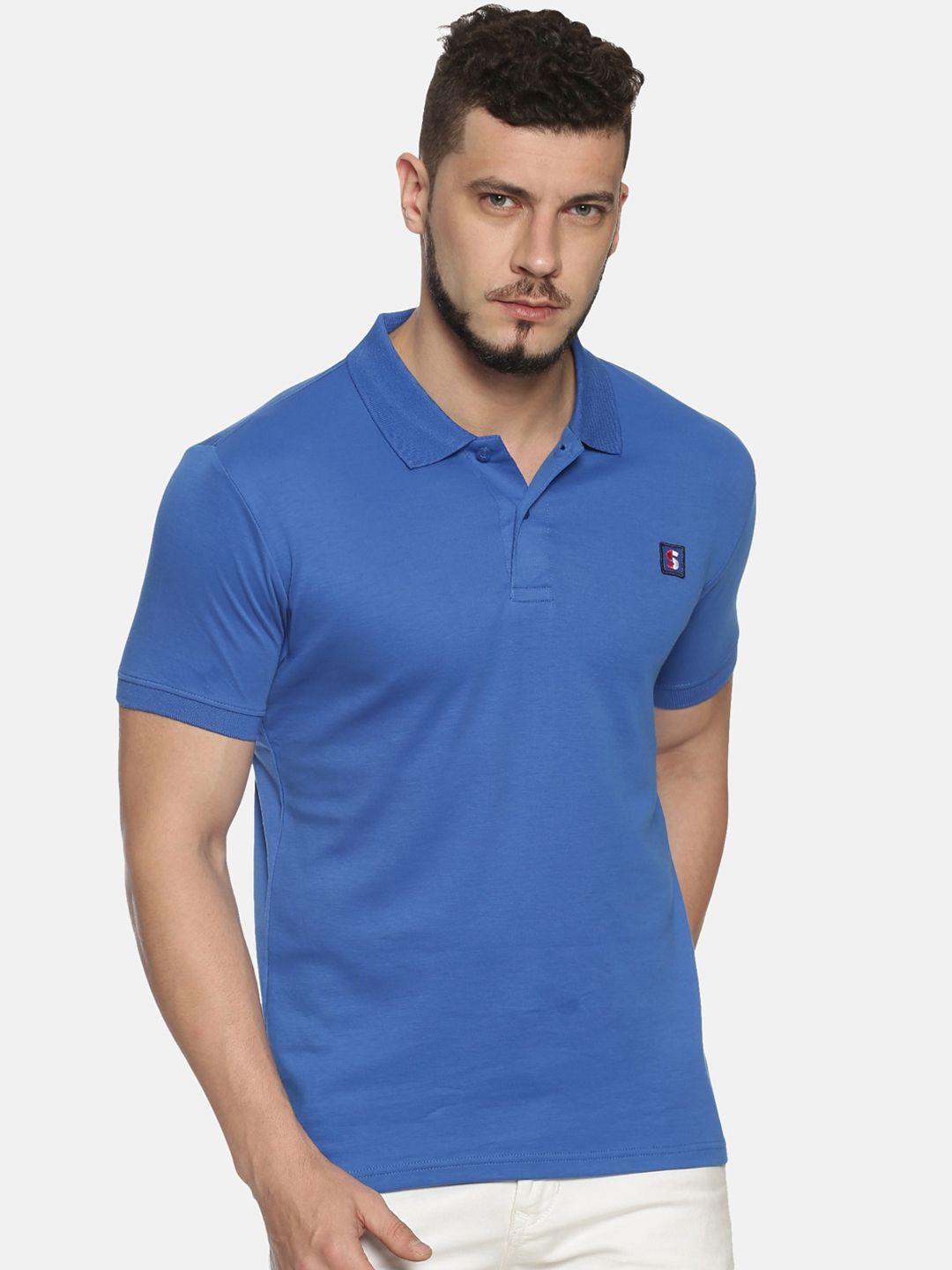 steenbok men blue solid polo collar pure cotton t-shirt