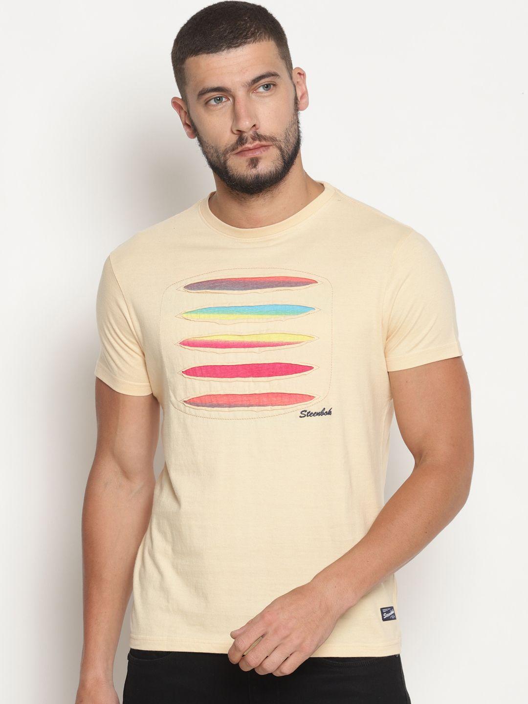 steenbok men cream-coloured printed round neck t-shirt