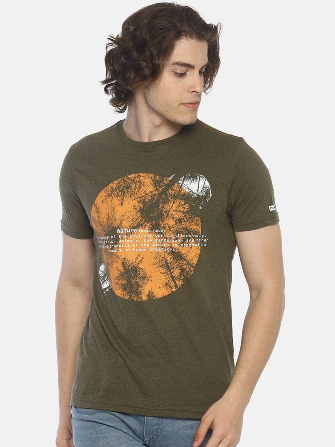 steenbok men green & peach-coloured printed slim fit cotton t-shirt