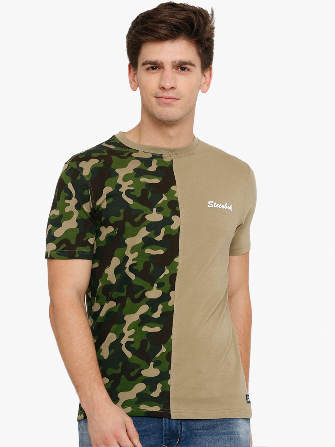 steenbok men khaki & green printed round neck slim fit t-shirt