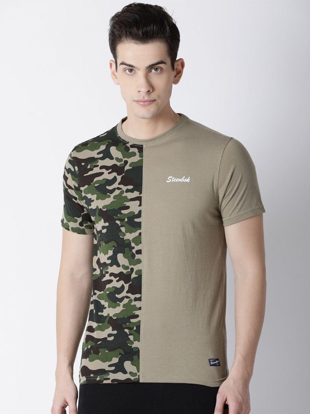 steenbok men khaki camouflage printed pockets slim fit t-shirt