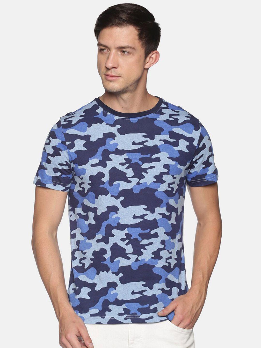 steenbok men navy blue & blue camouflage printed cotton t-shirt