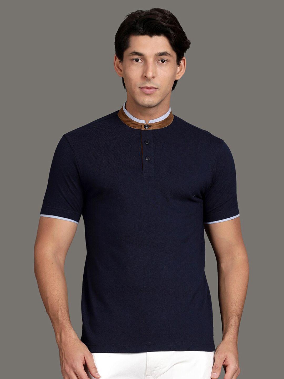 steenbok men navy blue mandarin collar t-shirt