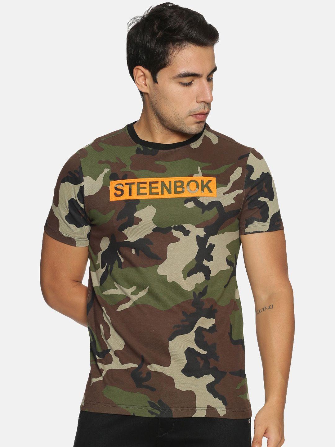 steenbok men olive green camouflage printed round neck pure cotton t-shirt