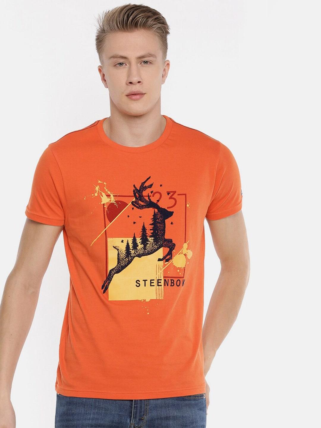steenbok men orange typography printed slim fit t-shirt