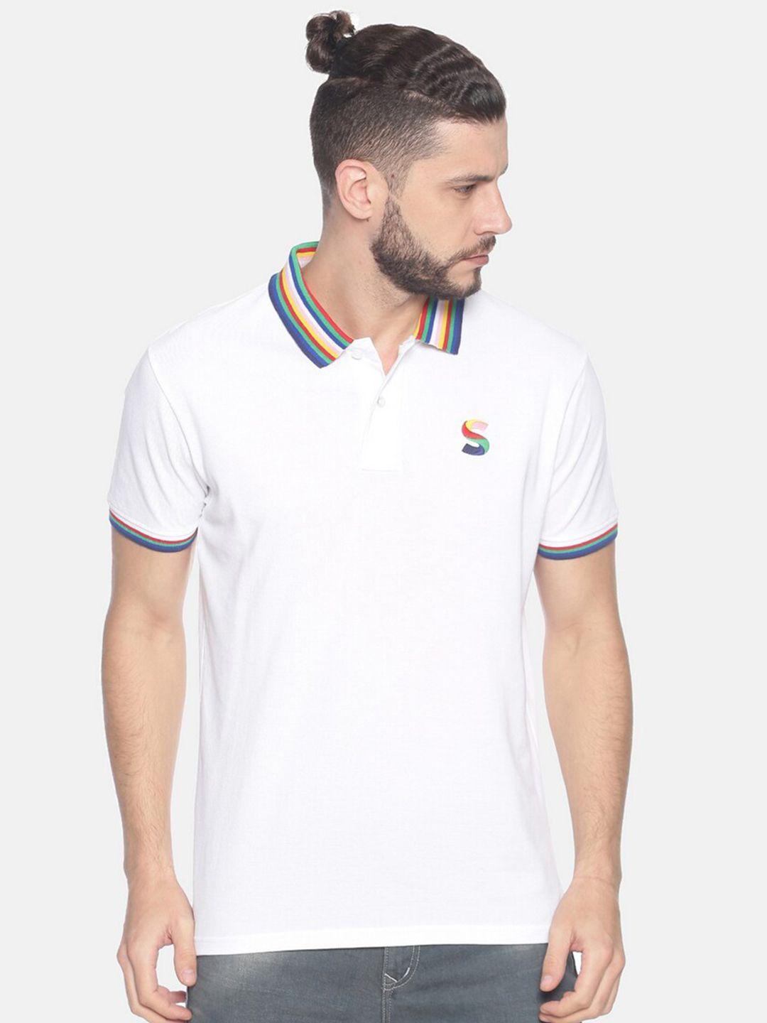 steenbok men white & blue polo collar cotton t-shirt