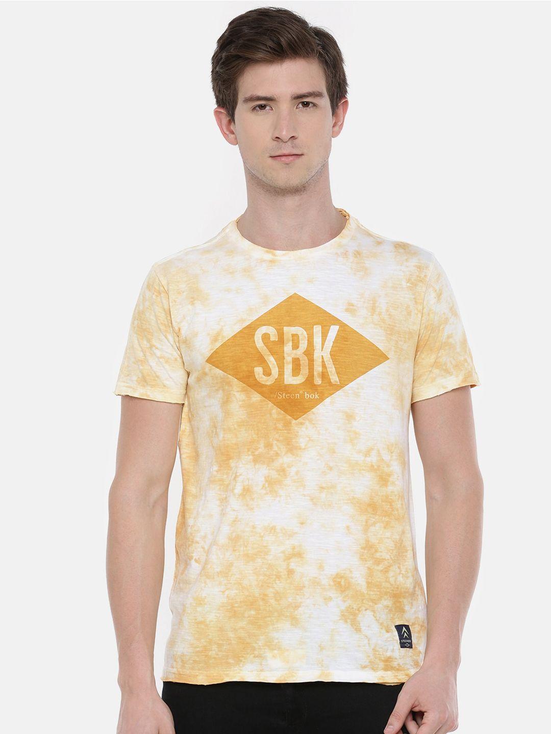 steenbok men yellow floral dyed raw edge slim fit t-shirt