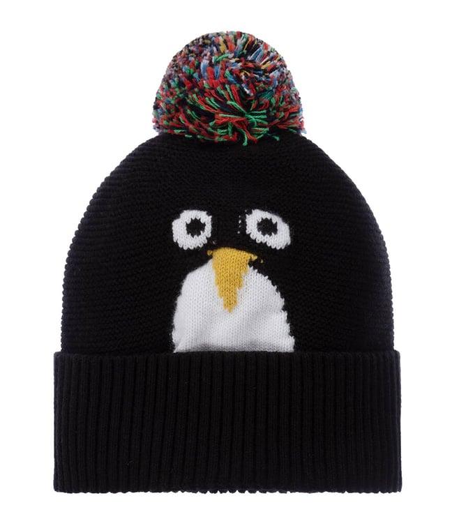 stella mccartney kids black penguin knitted woven pompom beanies hat (18-24 m)