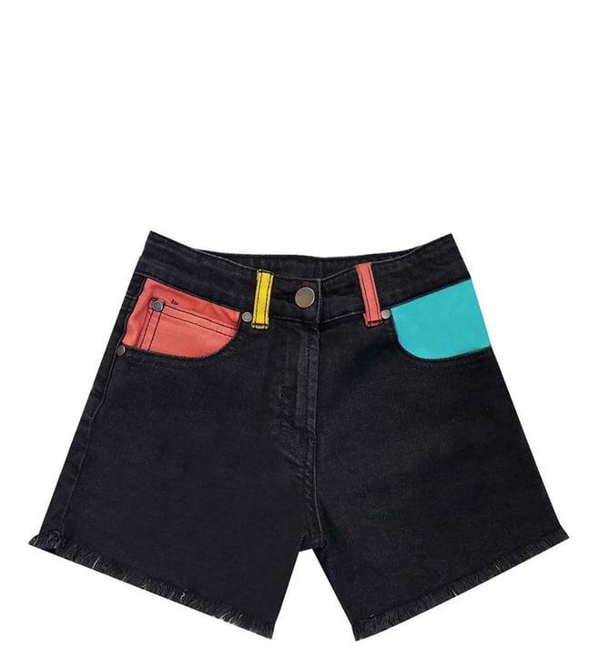 stella mccartney kids black straight fit shorts with colourful pockets & belt loops