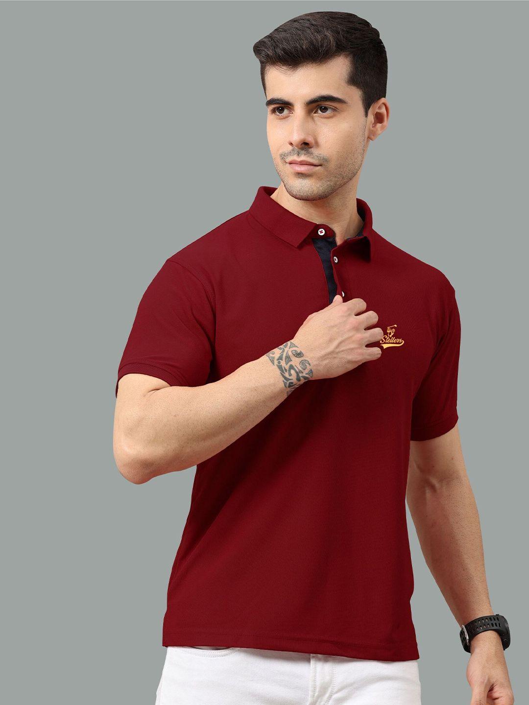 stellers men maroon polo collar applique t-shirt