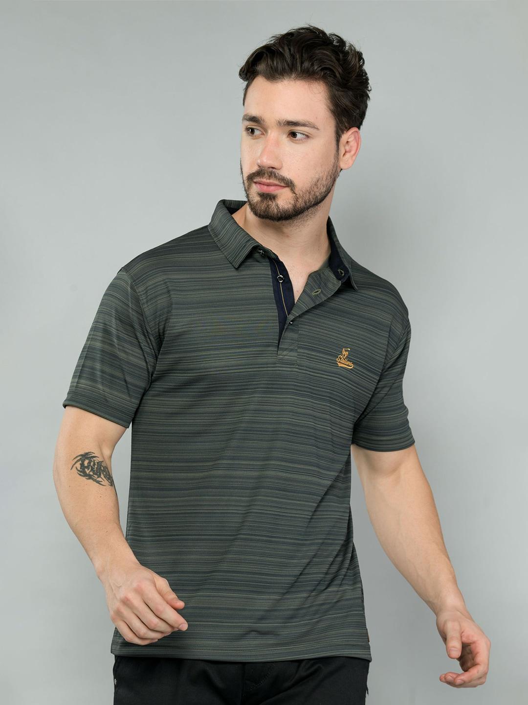 stellers men olive green striped polo collar applique t-shirt