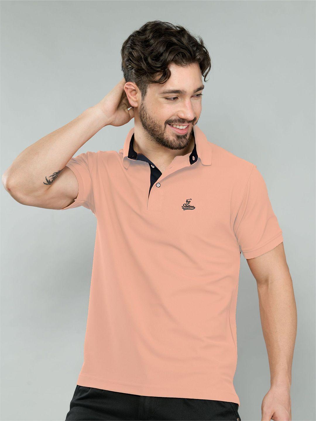stellers men peach-coloured polo collar pockets t-shirt