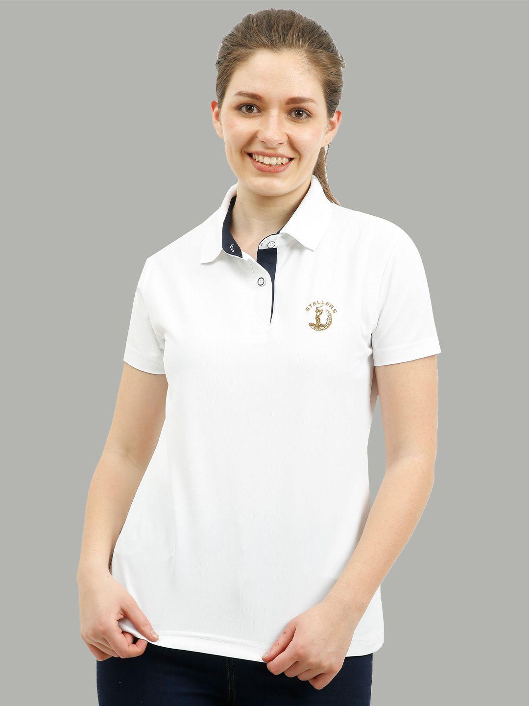 stellers women white polo collar drop-shoulder sleeves applique t-shirt