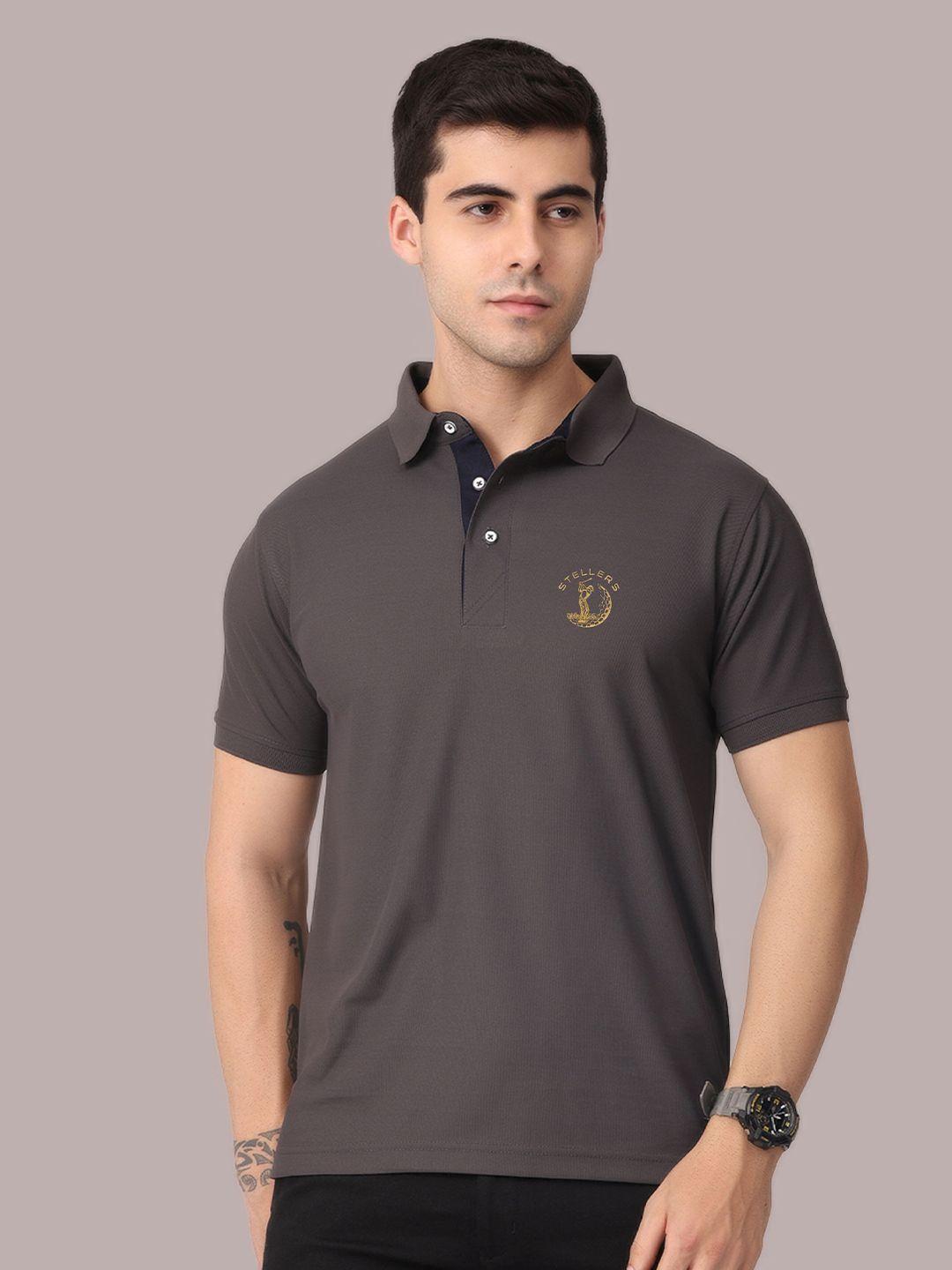 stellers men grey polo collar applique t-shirt