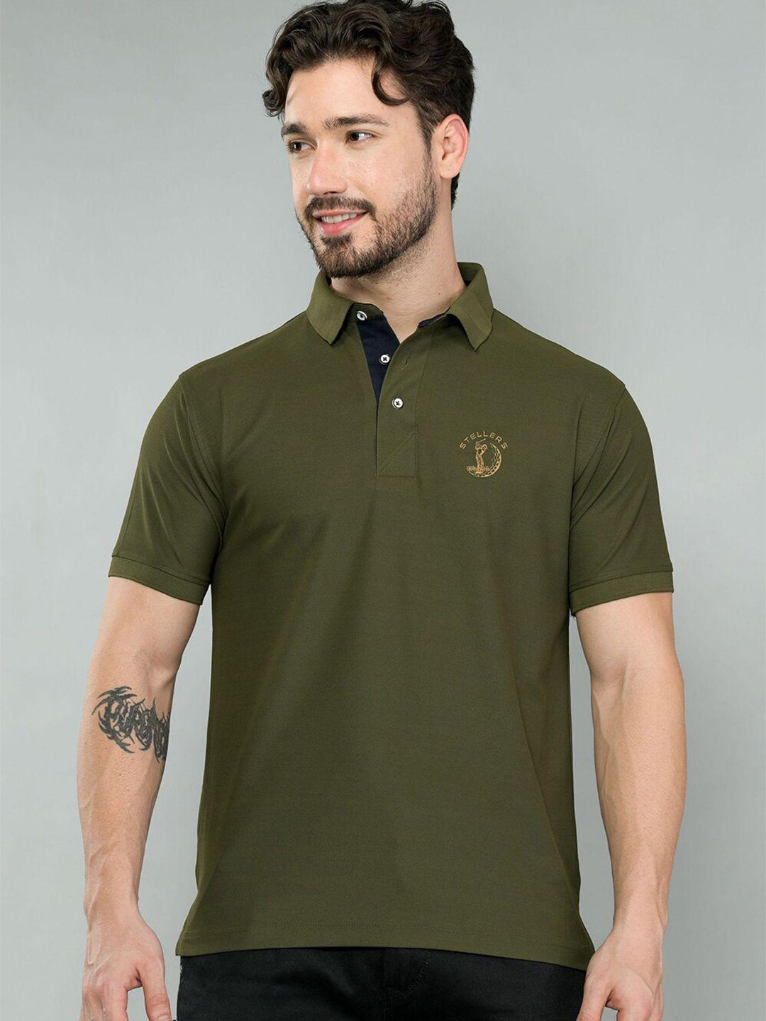 stellers men olive green polo collar applique t-shirt