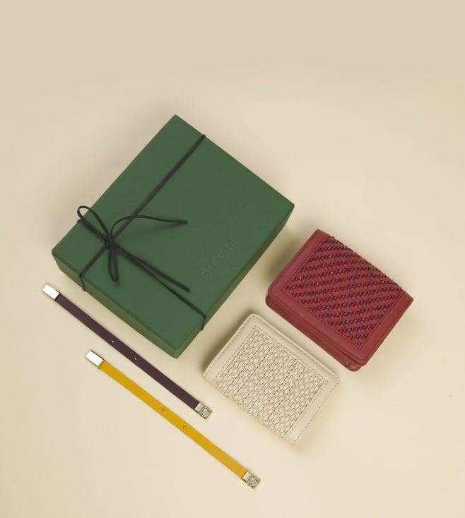 stem off white, cherry red, yellow & purple sustainable stitches artisanal accessory gift box