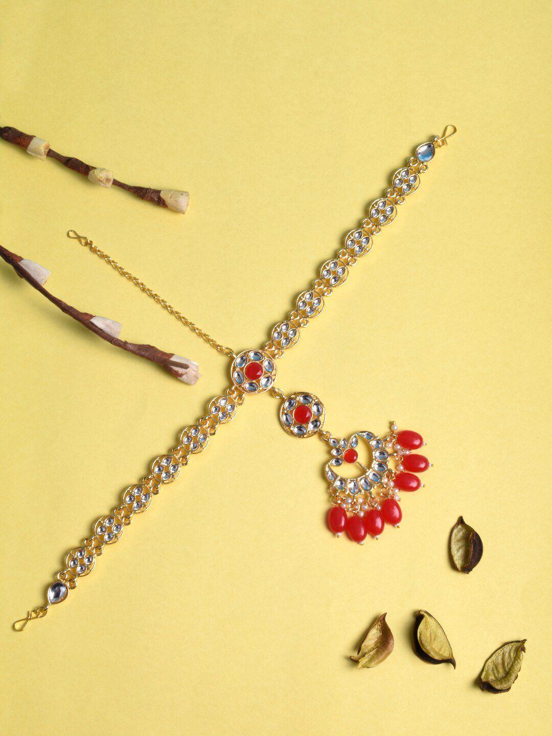 steorra jewels gold-plated & red kundan-studded & beaded maang patti
