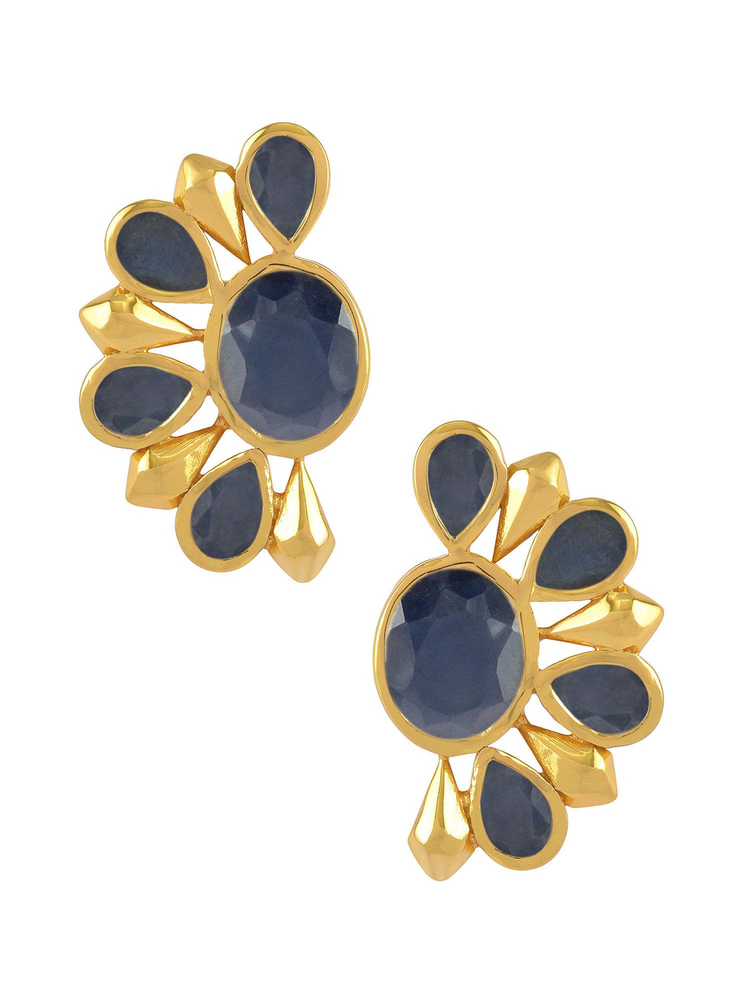 sterling silver gold plated blue sapphire floral ear studs