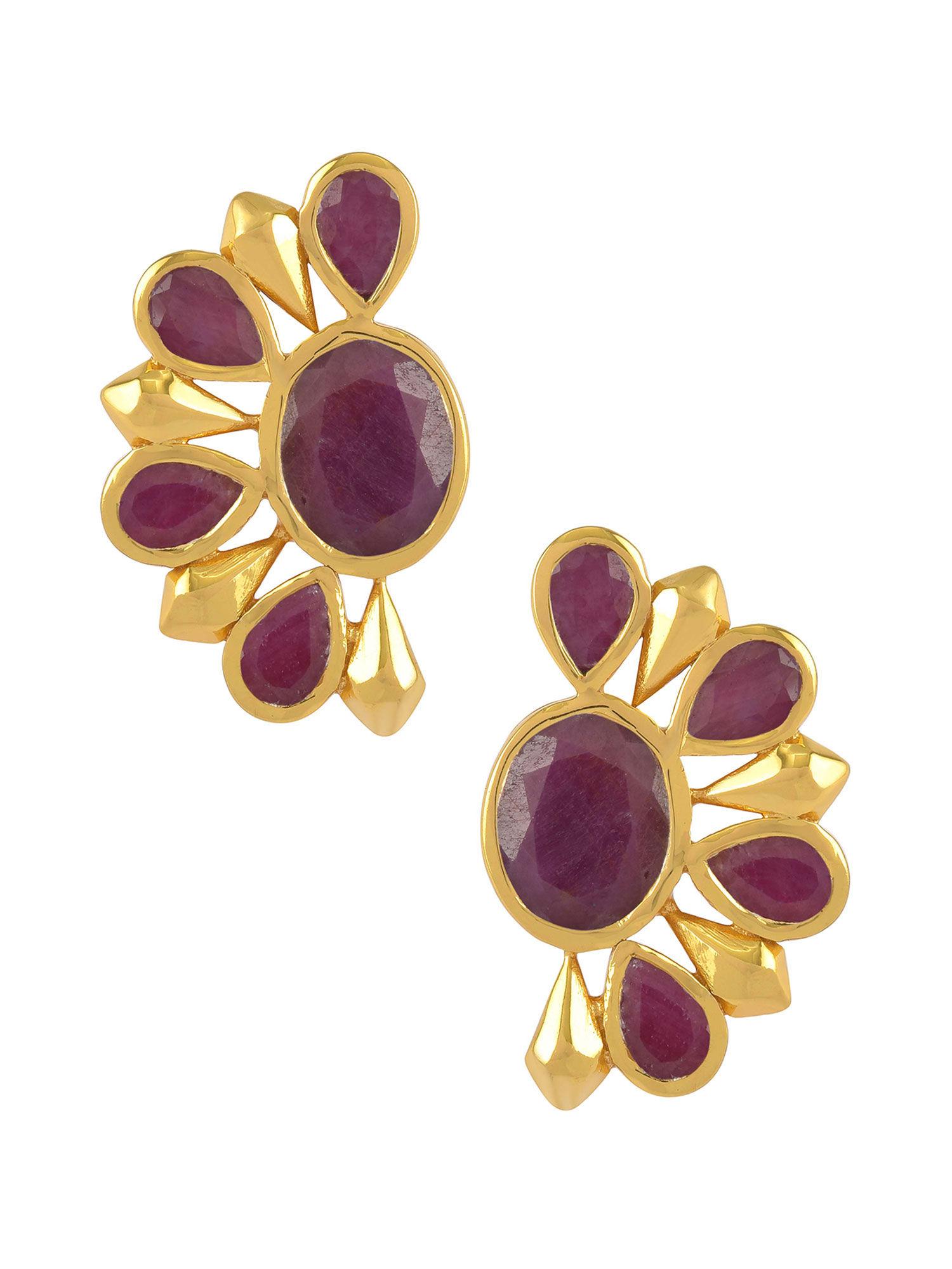 sterling silver gold plated dyed ruby floral ear studs