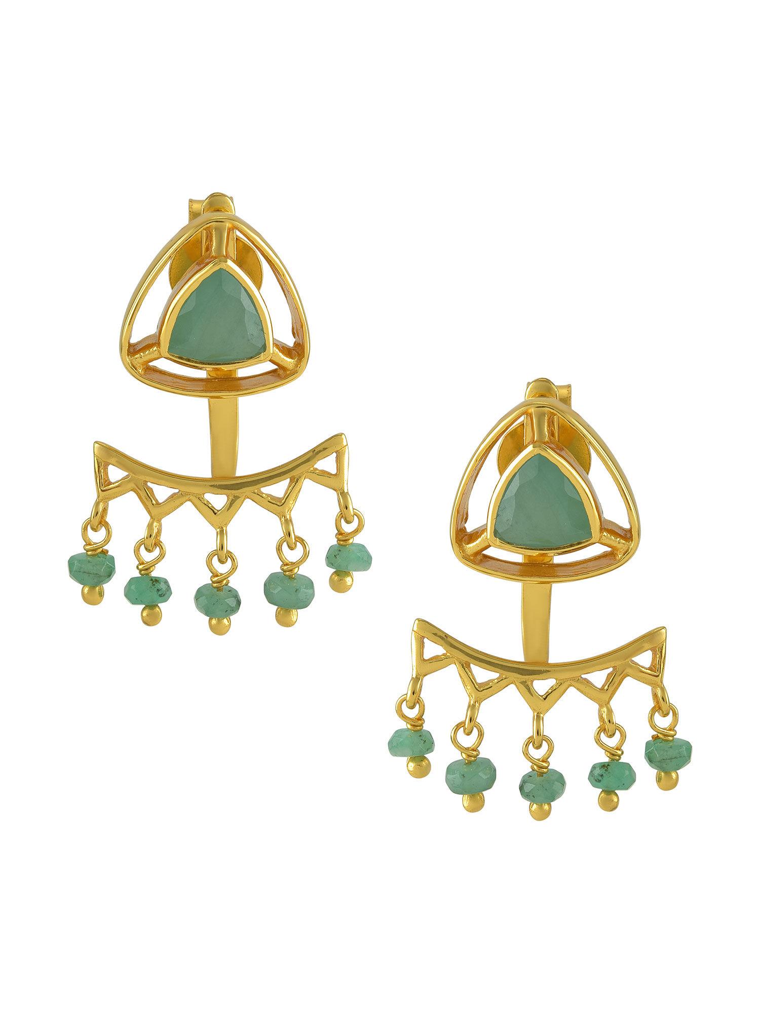 sterling silver gold plated emerald trillion drop front back earrings