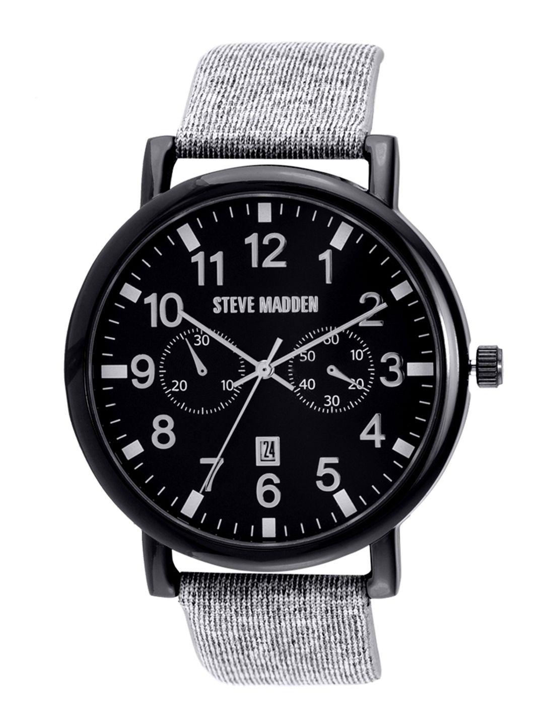 steve madden men black leather analogue watch smw256bk