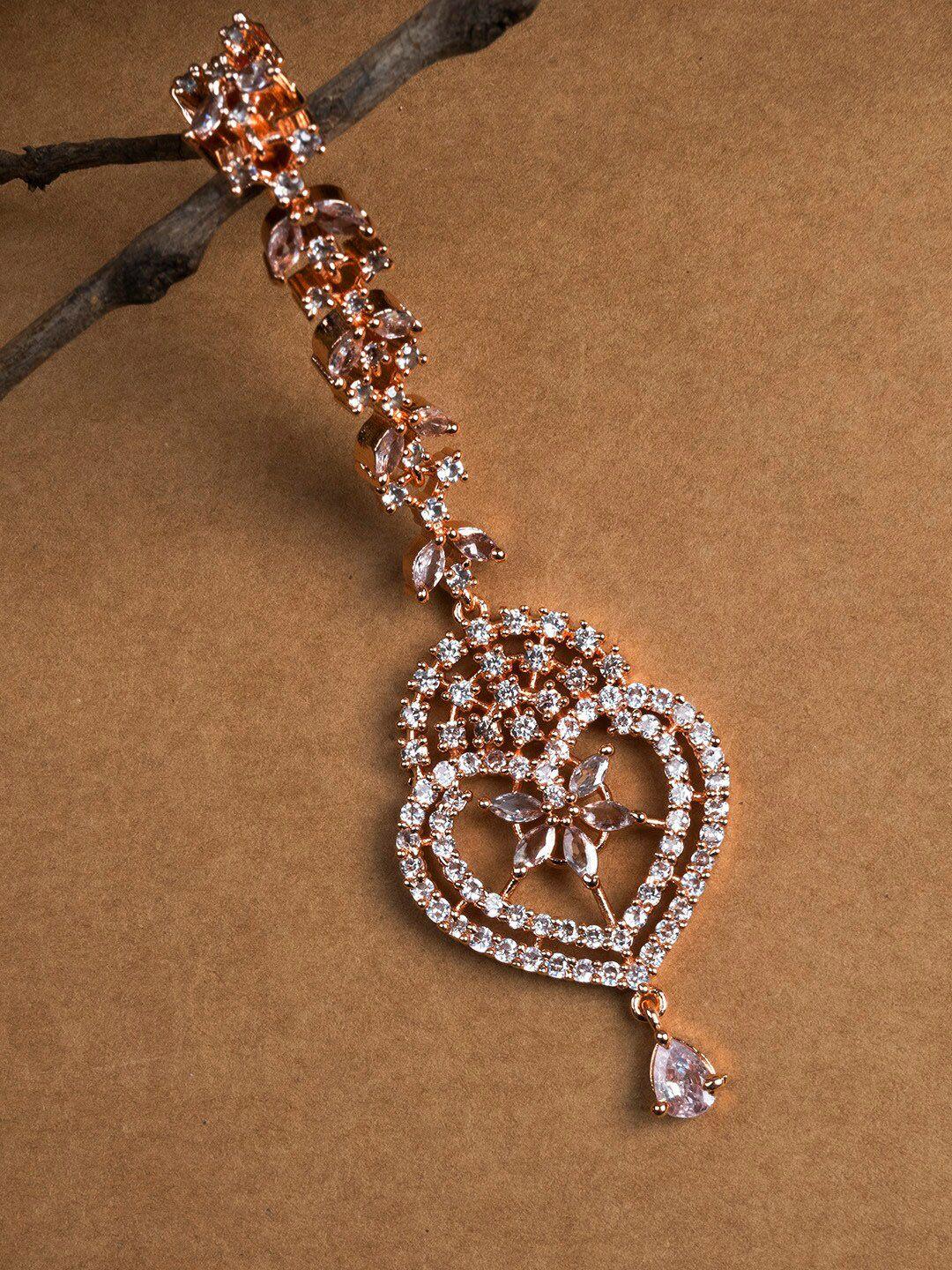 stileadda rose gold plated american diamond studded maang tikka