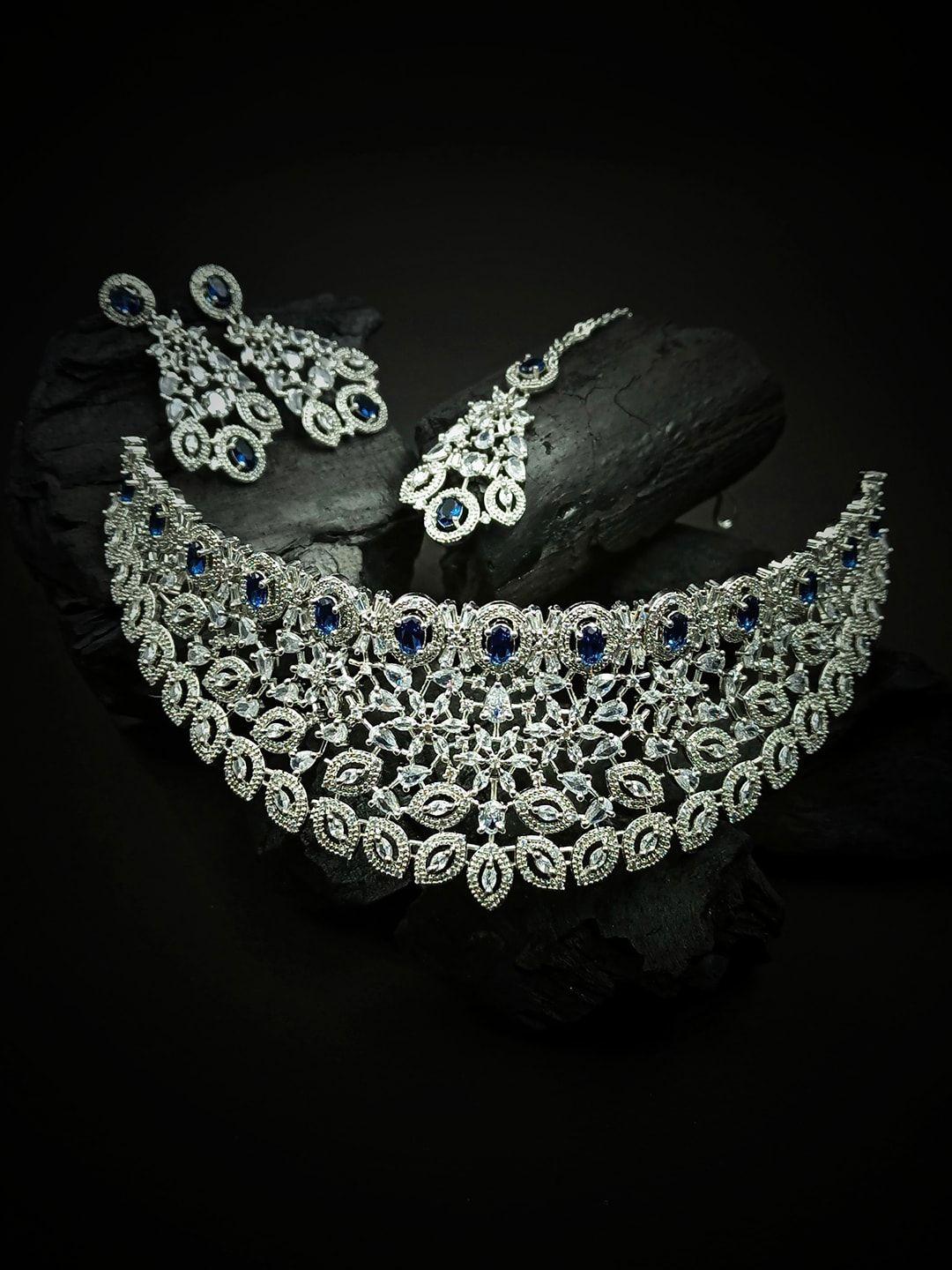 stileadda silver-plated blue & white cz-studded & beaded jewellery set