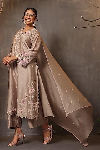 still grey chanderi silk applique & cutwork embroidered kurta set