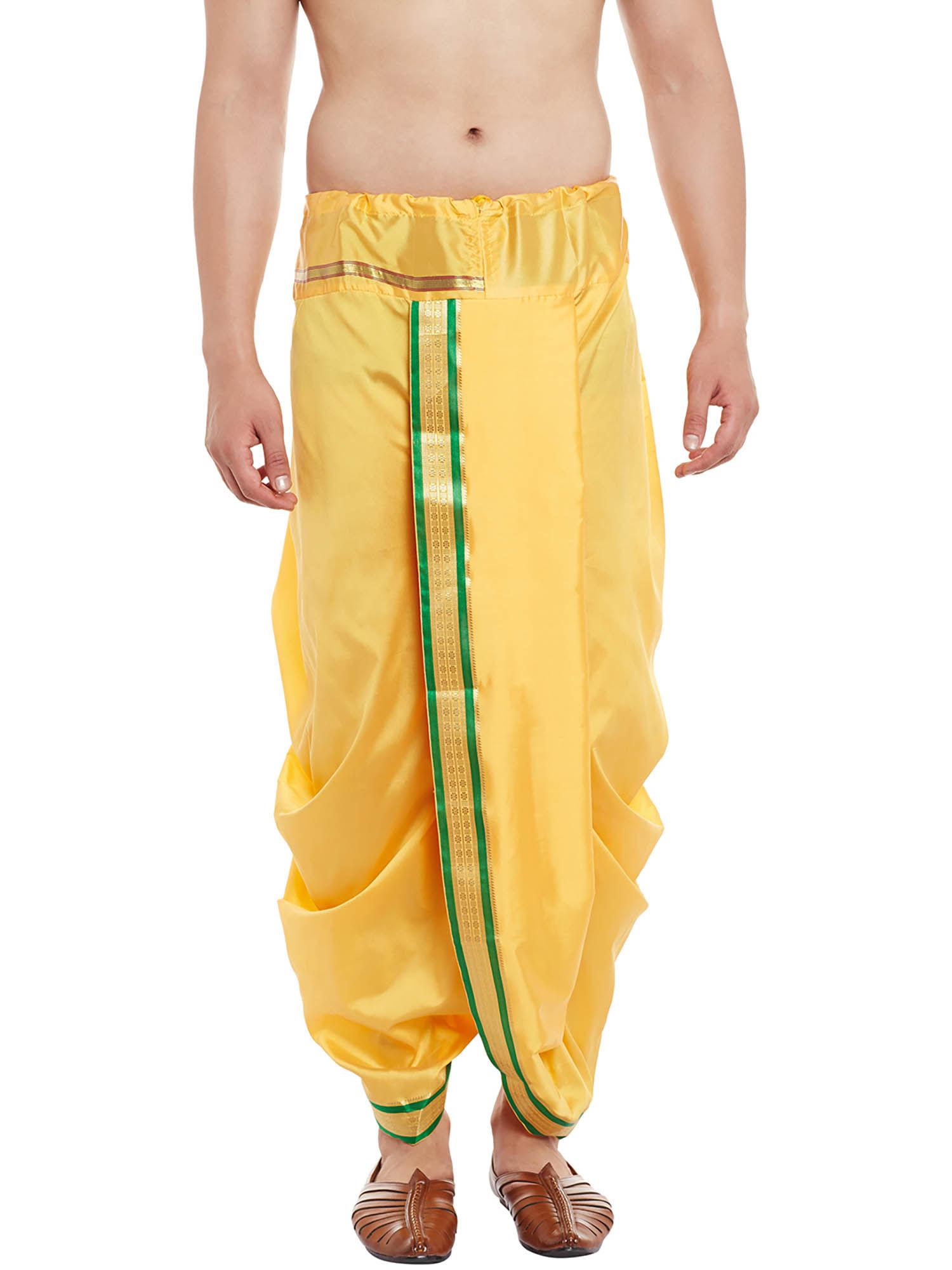 stitched yellow with green and golden border men dhoti