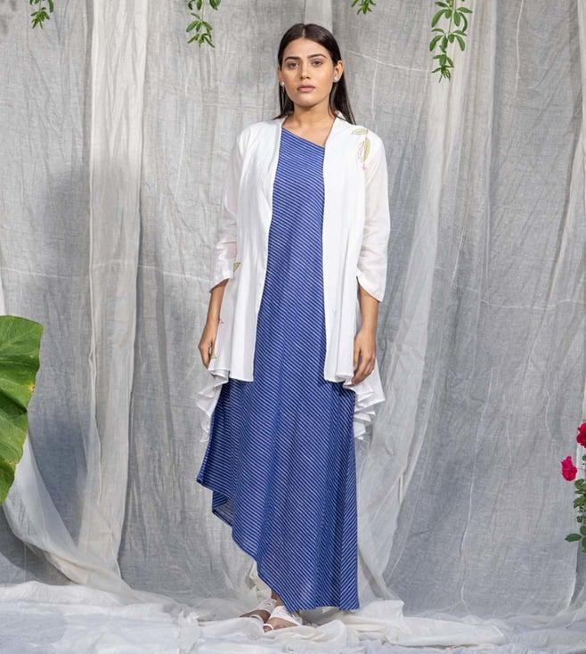 stitched poetry blue & white meraki joy is in the journey  dress