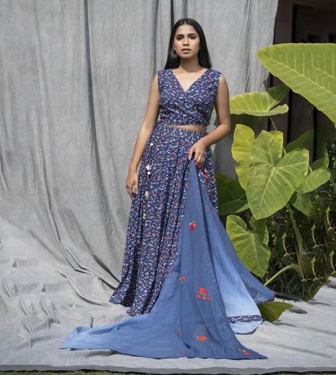 stitched poetry blue valley of flowers crop top with skirt and dupatta