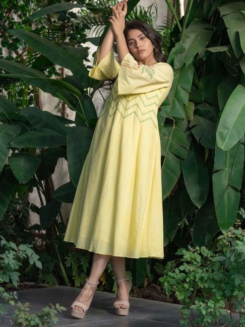 stitched poetry lime yellow birds of paradise golden hour dress