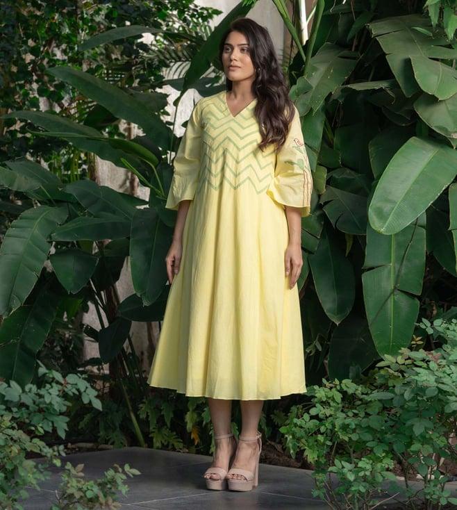 stitched poetry lime yellow birds of paradise golden hour dress