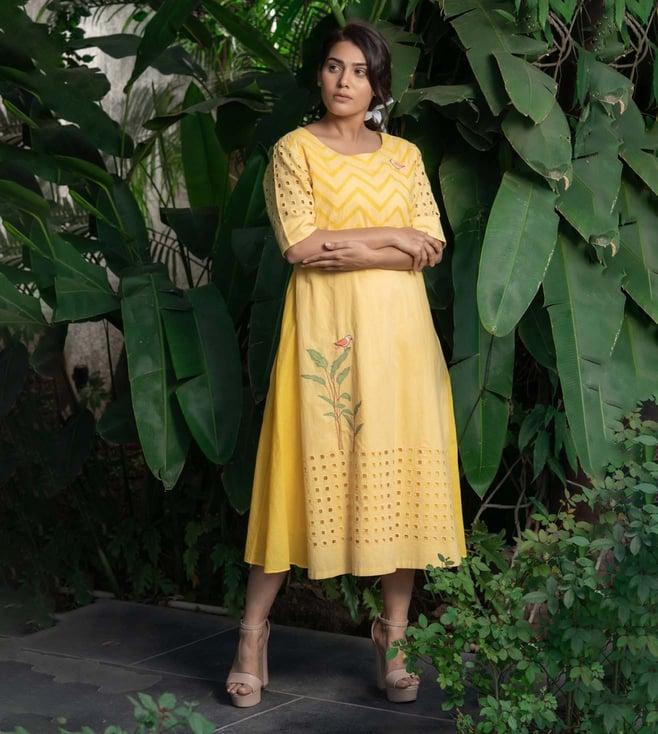 stitched poetry mustrad yellow birds of paradise mocking bird dress