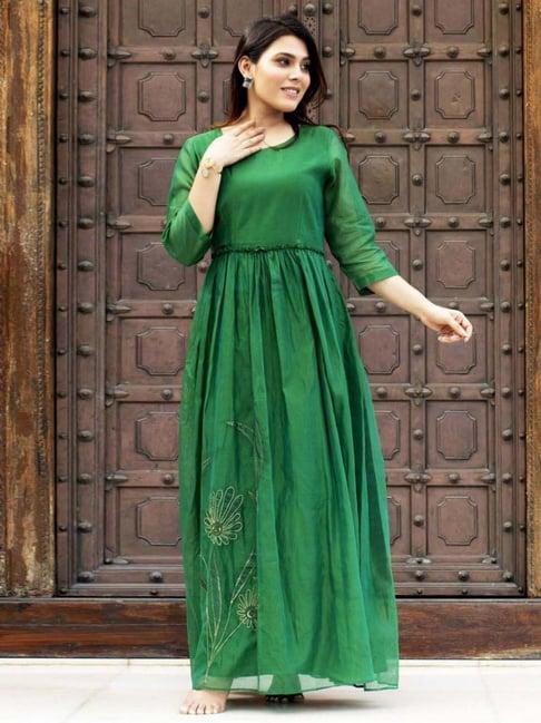 stitched poetry scents of serenity dark green thyme leaf kurta