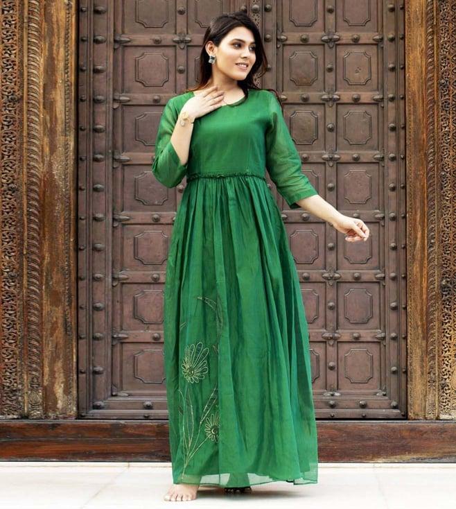stitched poetry scents of serenity dark green thyme leaf kurta